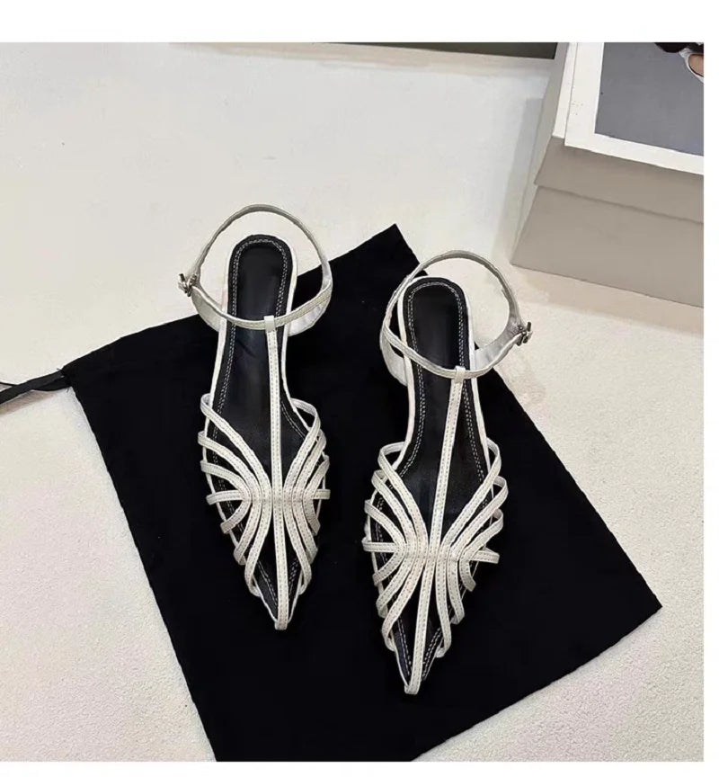 Narrow Band Pointed Toe Kitten Heel Sandals for Women