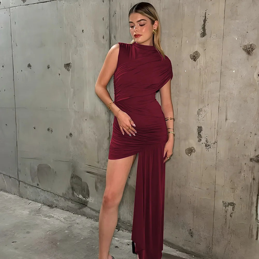 Elegant Irregular Pleated Tassel High Waist Mini Dress for Women