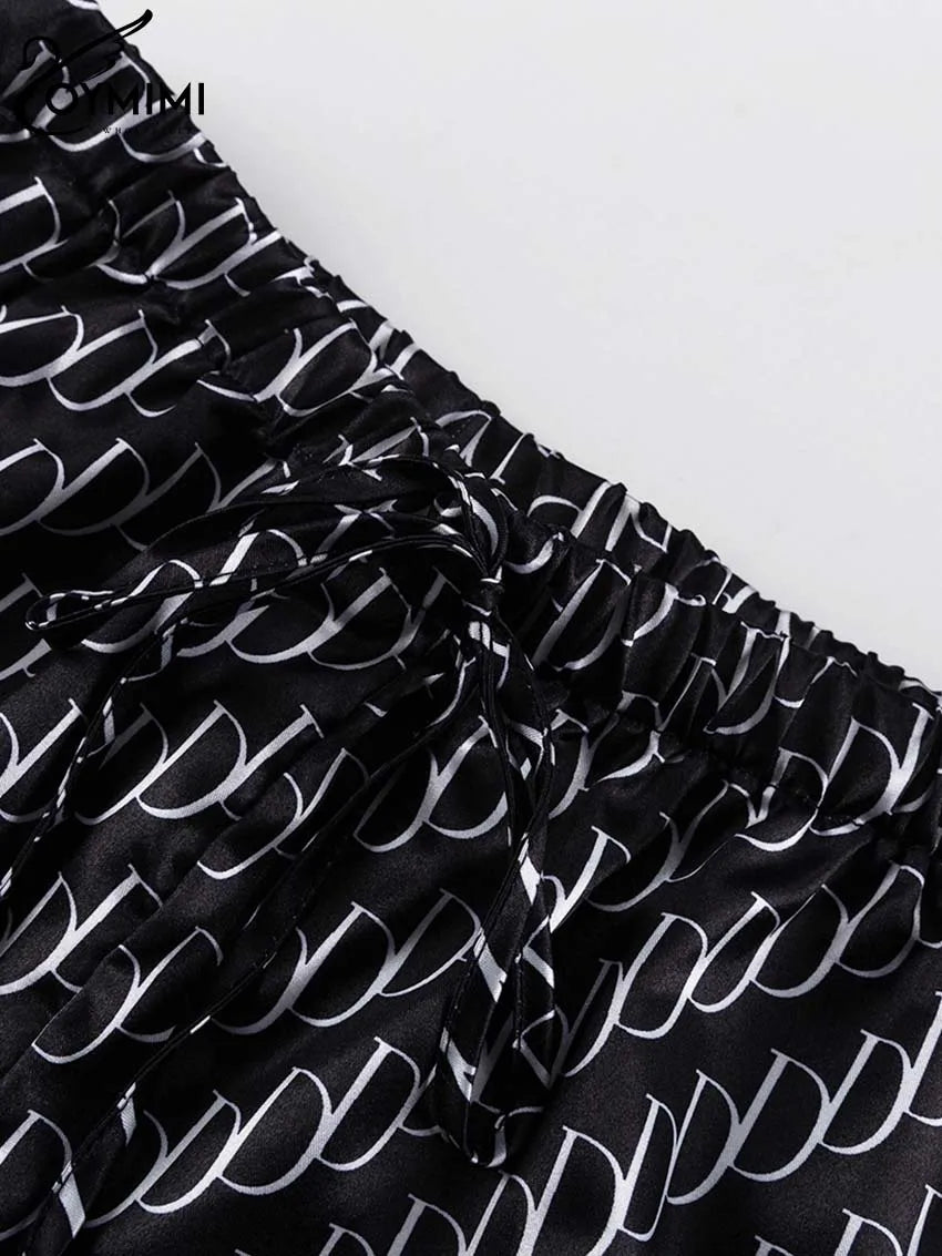 Oymimi Fashion Black Print Womens 2 Piece Outfit Set Elegant Lapel Long Sleeve Shirts And High Waisted Lopse Straight Pants Sets