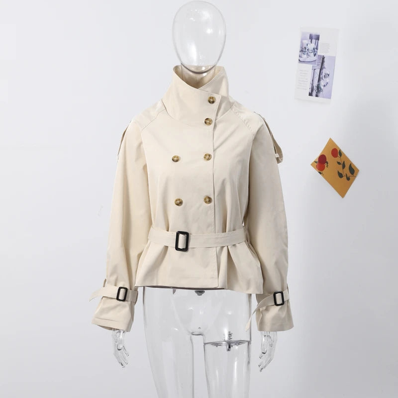 Chic Belt Women's Coat Elegant Stand Collar Full Sleeve Single Breasted  Female Jacket 2025 Autumn Fashion Commuter Windbreaker