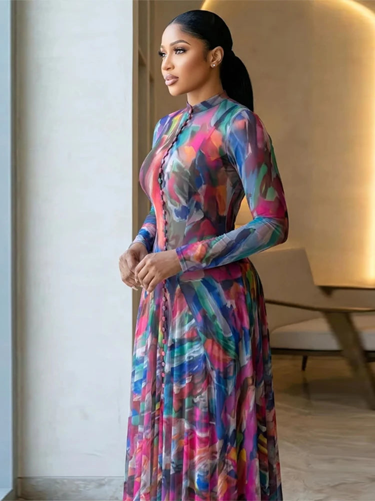 Chic O-Neck Printed Long Sleeve Casual Summer Dress for Women