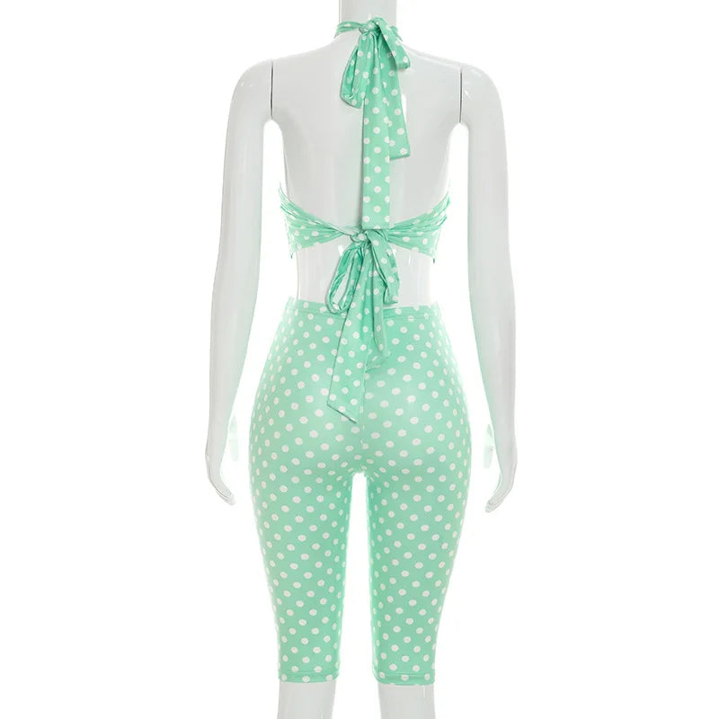 Polka Dot Print Halter Backless Tank Top Two Piece Set for Women