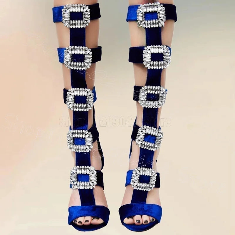 Elegant Green Crystal Buckle High Heel Boots for Women