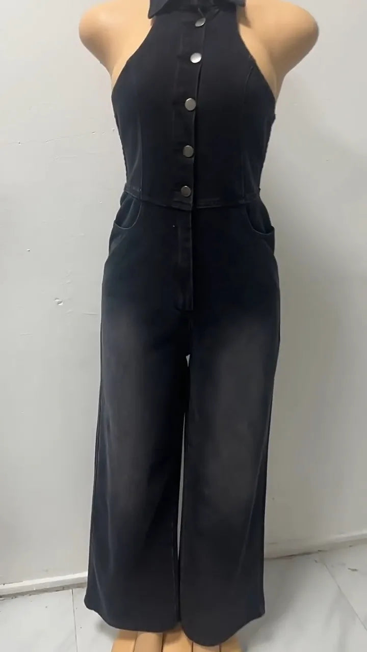 Washed Denim Halter Neck Backless Jumpsuit for Women