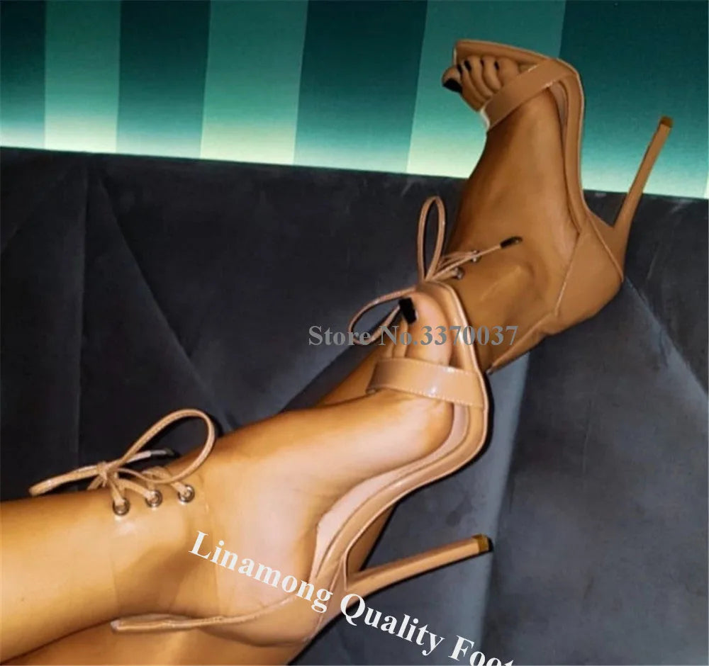 Nude And Clear PVC Gladiator Sandals Lace Up Ankle Stiletto Heel For Women