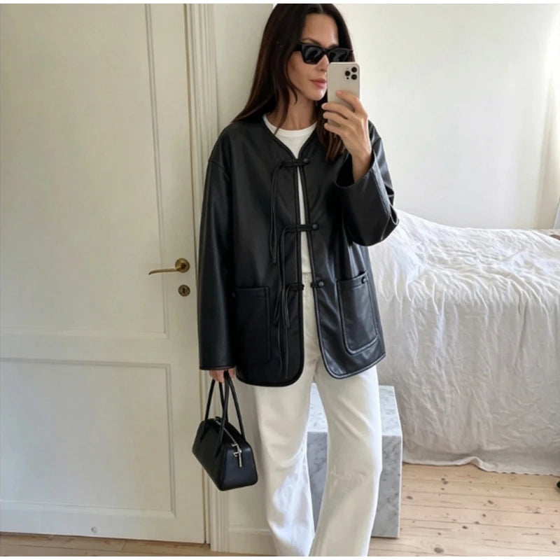 Autumn Winter Pu Leather Moto Jacket With Long Sleeve for Women