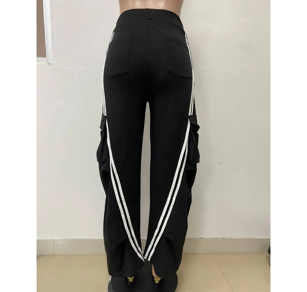 Women's Denim Patchwork Pockets Cargo Pants Side Stripes Wide Leg Casual Streetwear Sweatpants Sports Wear