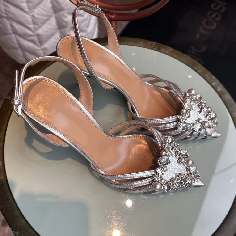 Crystal Heart Buckled Caged Leather Low Heel Pointed Toe Sandals For Women