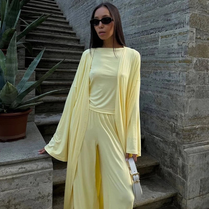 Casual Three Piece Shirt, Coat And Wide Leg Pants Set for Women