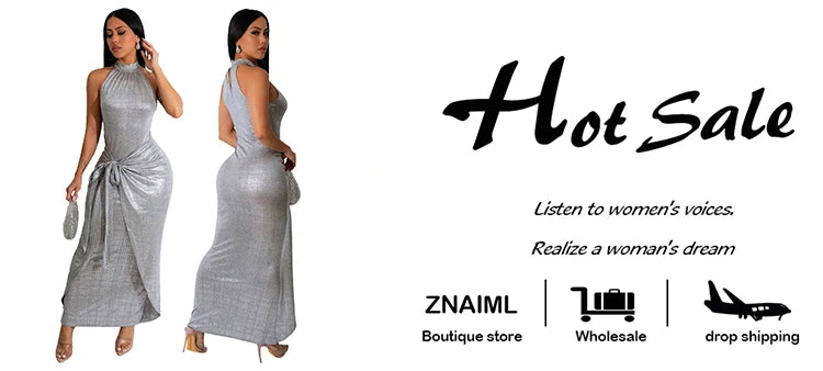 Znaiml Sexy Night Club Women Silver O-neck Sleeveless Bandage Belt Long Dress Elegant Birthday Party Evening Bodycon Vestidos
