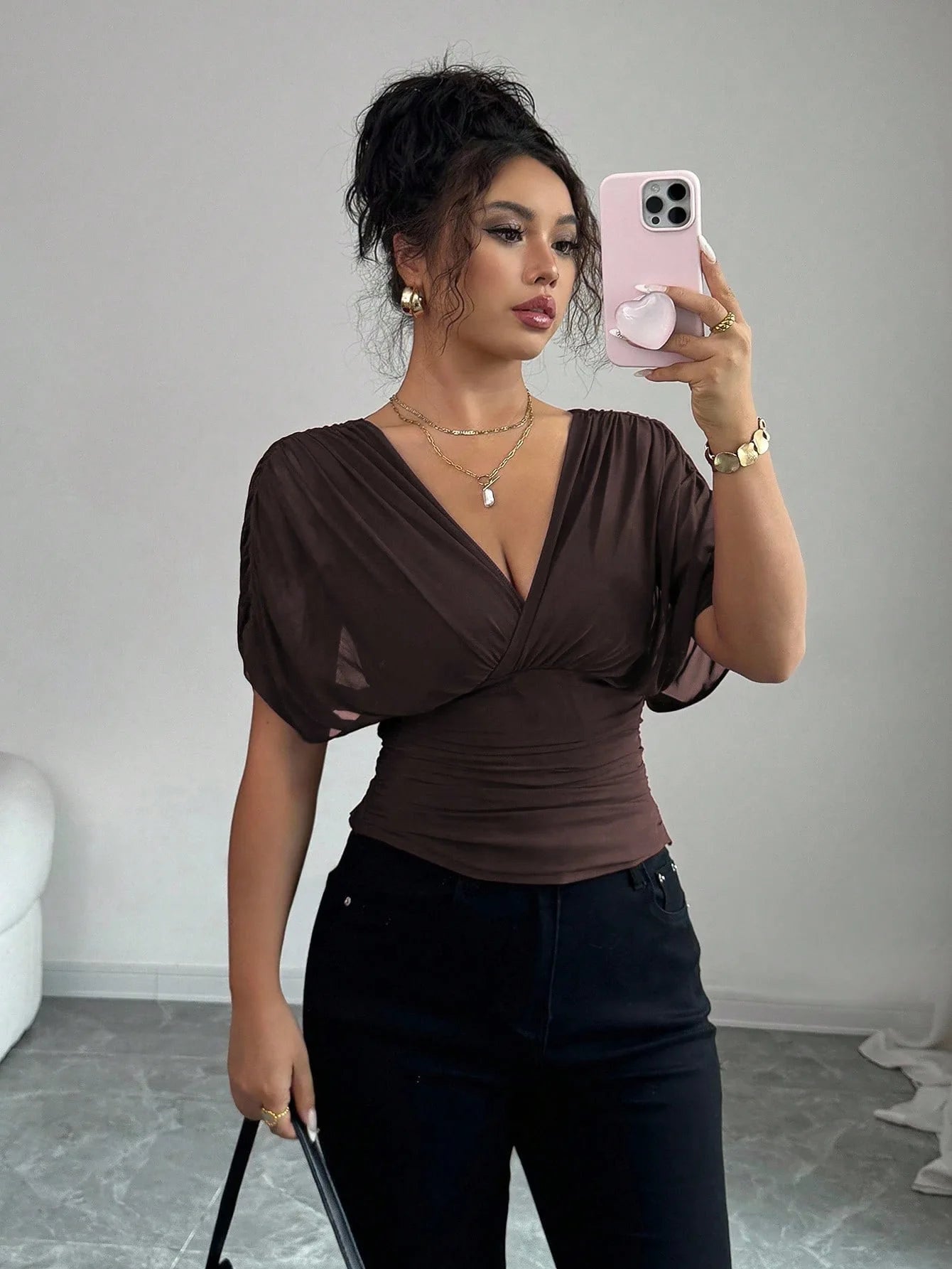 Elegant Deep V Neck Flutter Sleeve Waist Cinching Top for Women