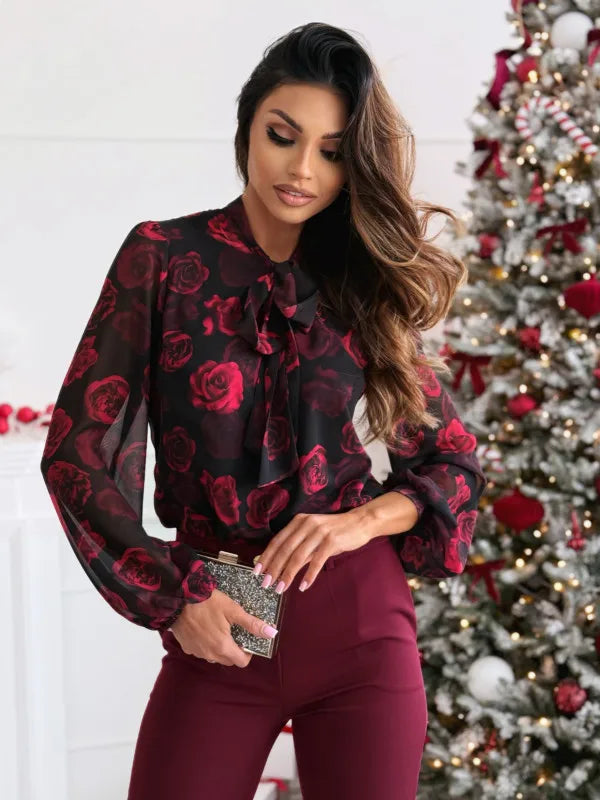 Elegant Shirts Bow Blouse Women Vintage Popular Flower Printed Slim Shirts Office Ladies Spring Autumn Fashion Long Sleeved Tops