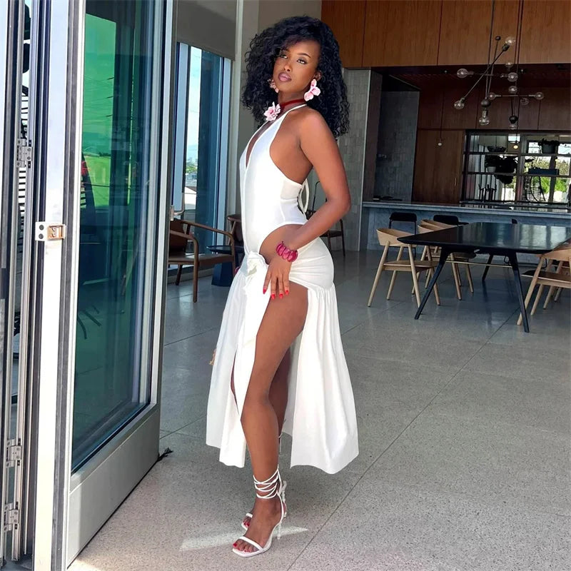 Halter Backless Bodysuit Top and Lace-Up Skirt Two-Piece Set for Women