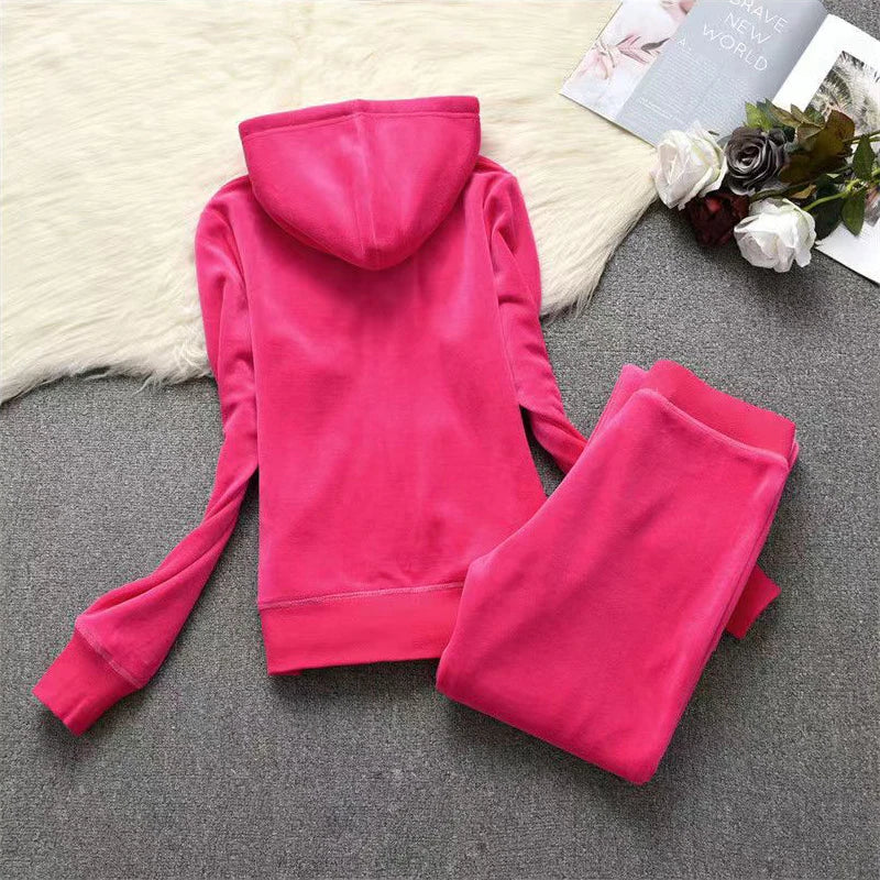 Soft Velvet Hooded Two Piece Tracksuit Set for Women