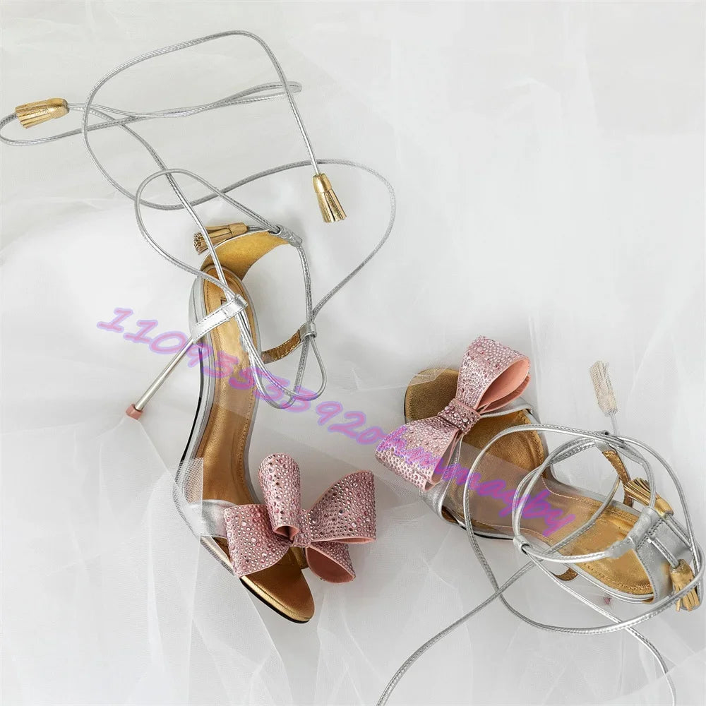 Rhinestone Bow Open Toe Ankle Wrap High Heel Sandals for Women