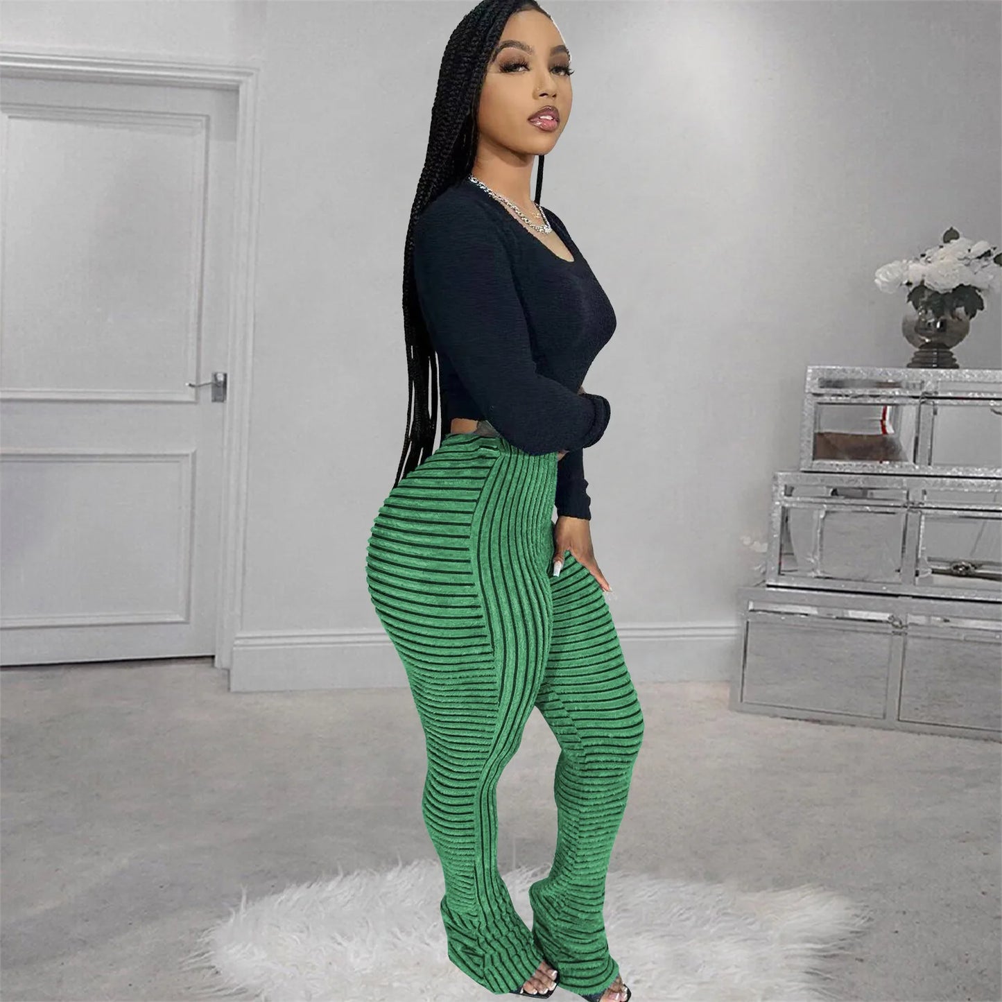 FAGADOER Stripe Plush Stacked Pants Women Casual Solid Color Fur Patchwork Flare Trousers Y2K Female Streetwear Bottoms 2025 New