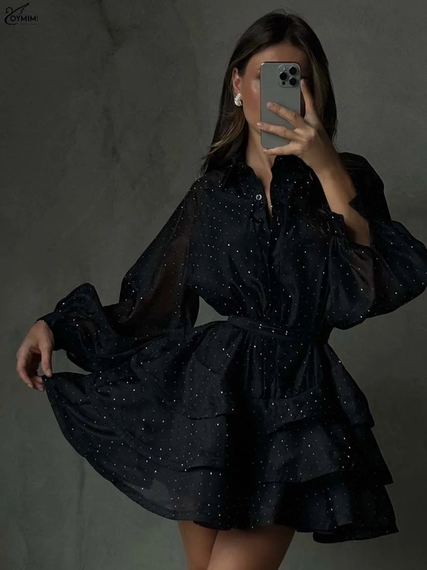 Oymimi Fashion Black Rhinestone Women's Dress Casual Lapel Long Sleeve Button Dresses Elegant New Lace-Up Pleated Mini Dresses