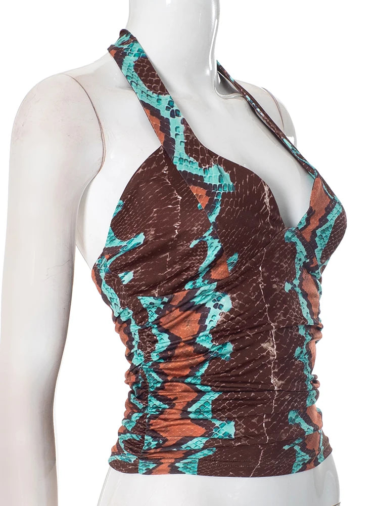 Panelled Y2K Snake Print Halter Backless Tank Top for Women