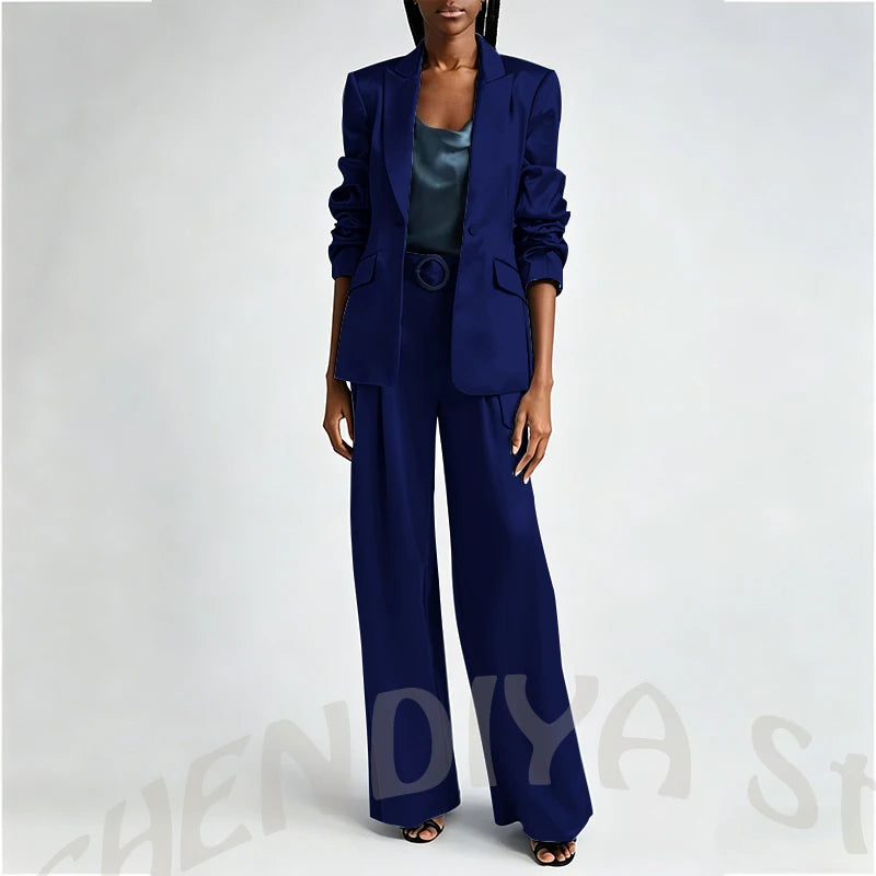 Women's Two Pieces Set Satin Peaked Lapel Elegant Fashion Single Button Straight Professional Tailor-Made Jacket with Pants
