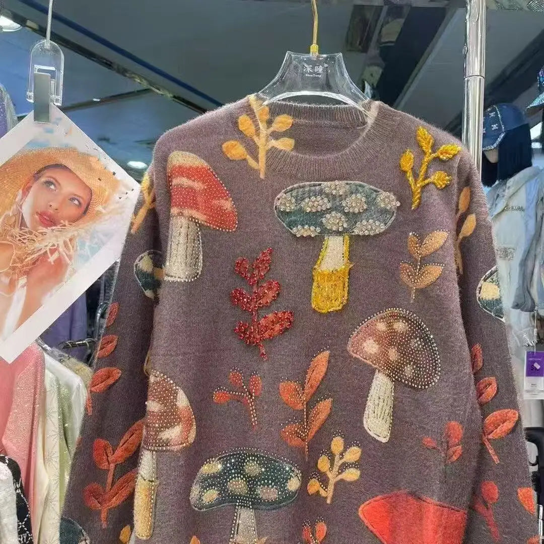 Autumn Winter 2025 Crystal Diamonds Stitch Thick Warm Sweater for Women's Trend Knit Top Outwears Knitwear Pullover pulls femme