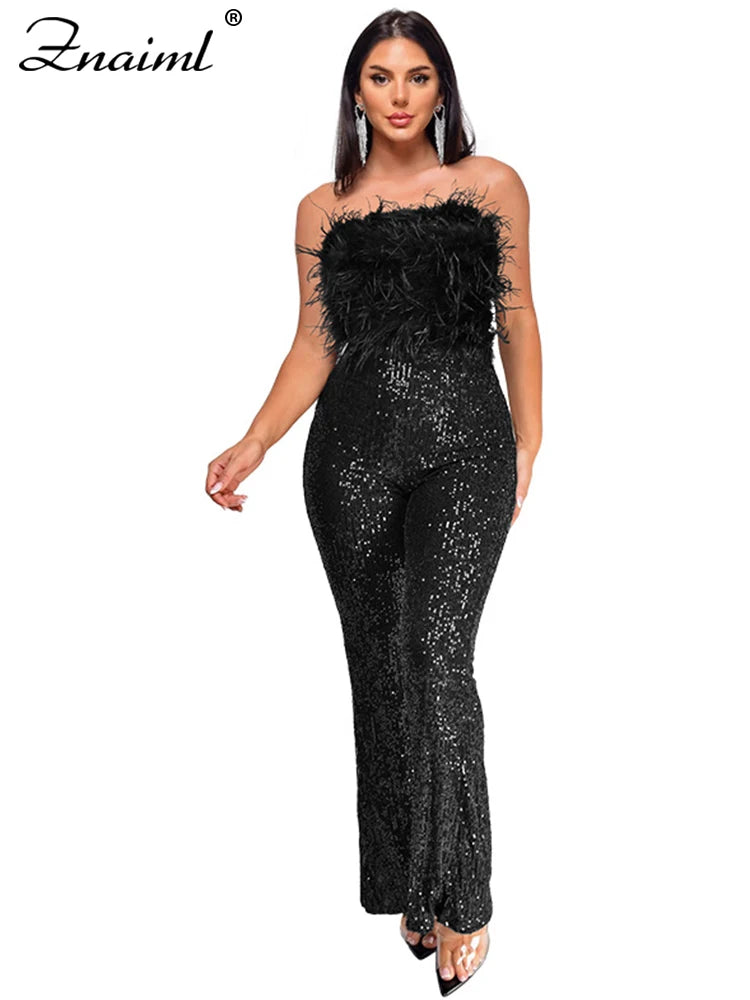 Znaiml New Luxury Sequins Jumpsuit with Colorful Feathers Sleeveless Shiny Dress Women's Evening Birathday One Pieces Rompers