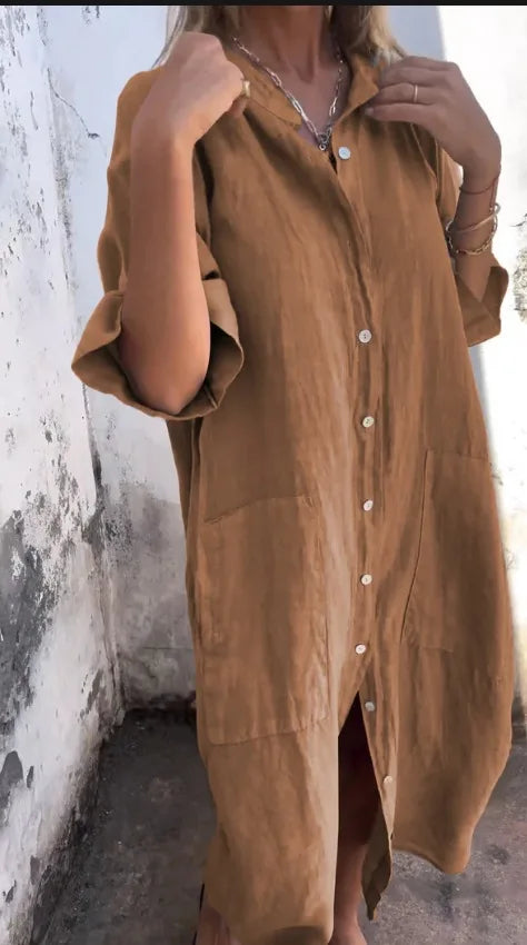 Loose Mid Calf Single Breasted Shirt Dress With Pockets For Women