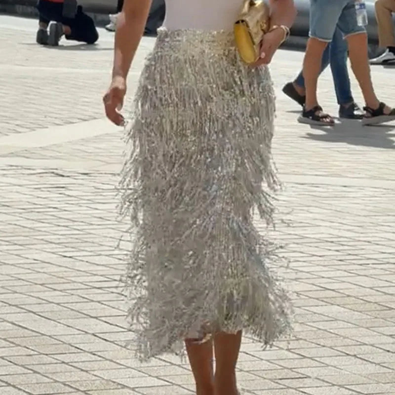 High Waist Sequined Split Tassel Midi Skirt for Women