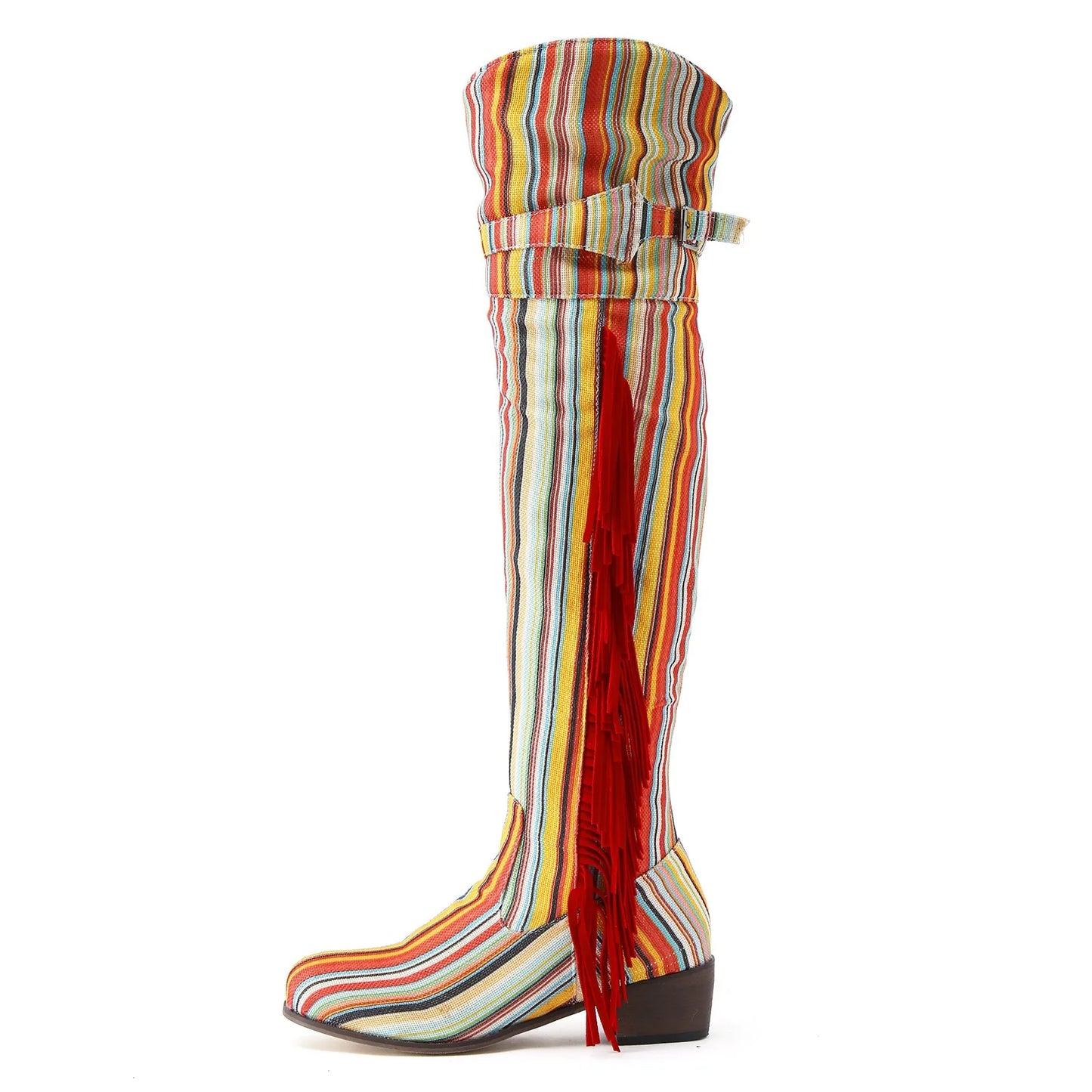 Vintage Rainbow Tassel Lace Up Over The Knee Boots for Women