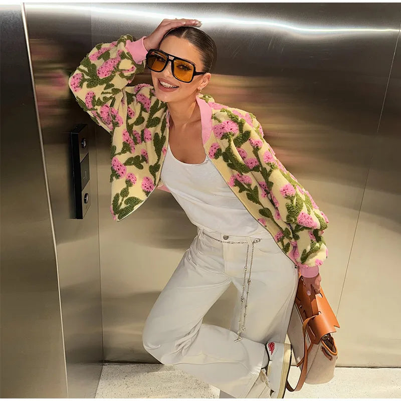 Casual Floral Print Bomber Jacket With Collar For Women