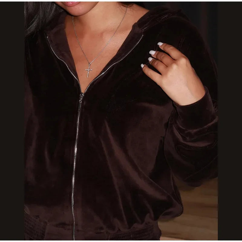 Chic Casual Velvet Hoodie Coat and Pants Set for Women