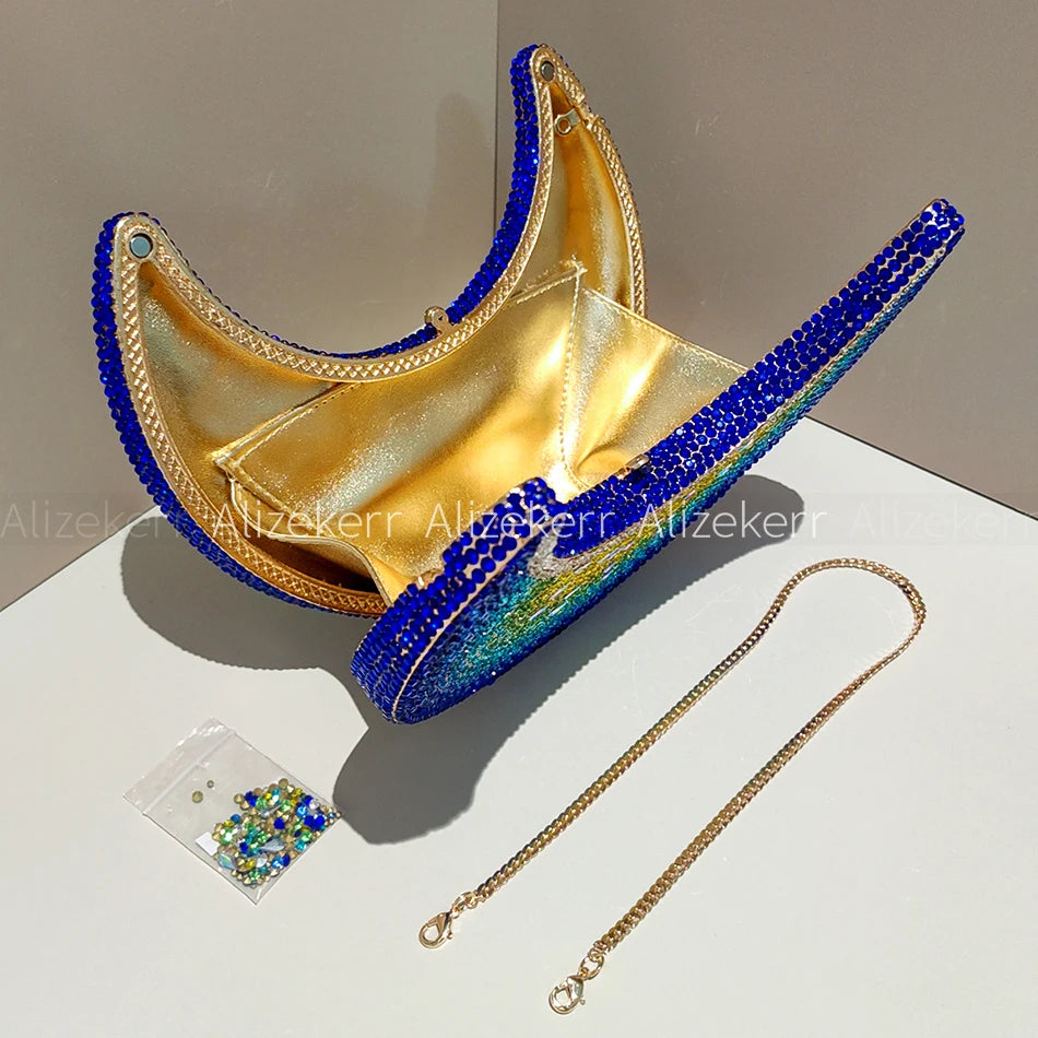 Moon Shaped Diamond Evening Bag with Watermelon Rhinestones for Women