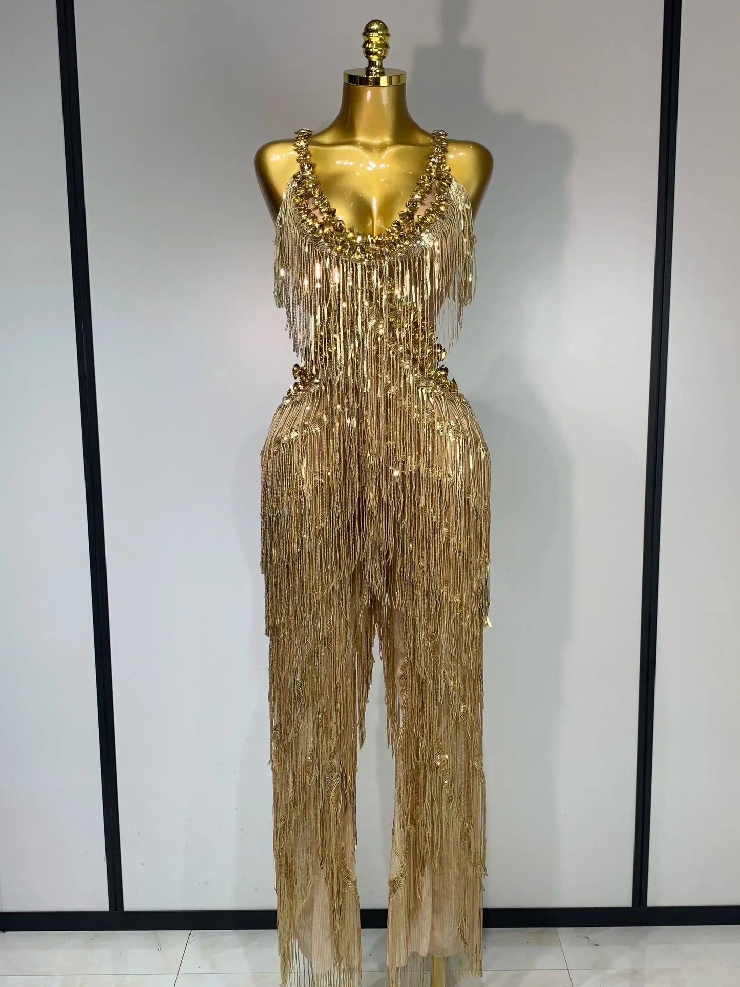 Gold Rhinestones Fringe Jumpsuit