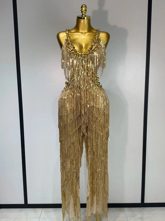 Gold Rhinestones Fringe Jumpsuit