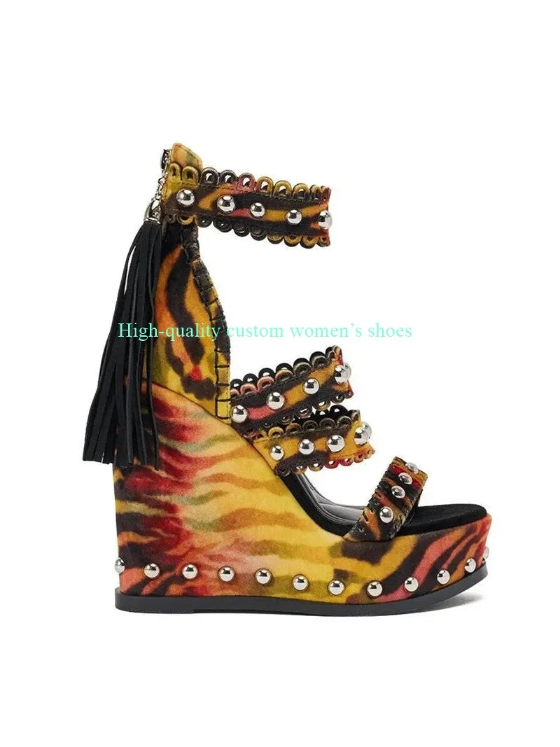 Rivet Detail Leopard Print Platform Sandals For Women