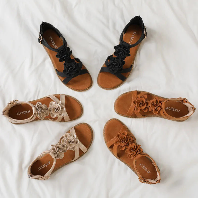 Strappy Bohemian Floral Printed Flat Sandals for Women