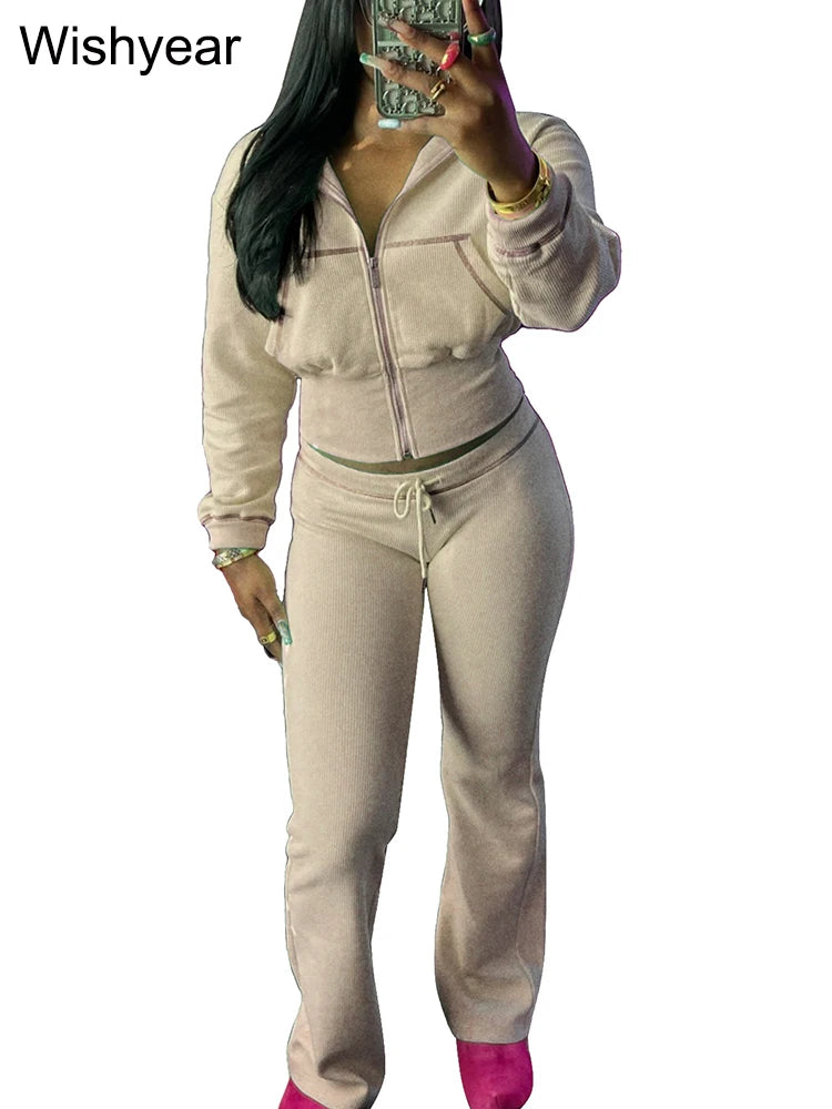 Waffle Knit Two Piece Flared Pants Tracksuit Set for Women