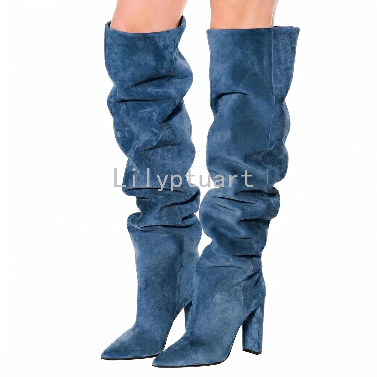 Beige Square Heel Slip-On Over-the-Knee Boots for Women