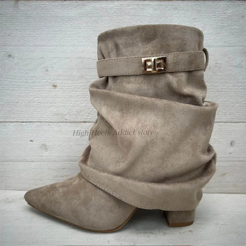 Suede Pointed Toe Metal Buckle Chunky Heel Mid Calf Boots For Women