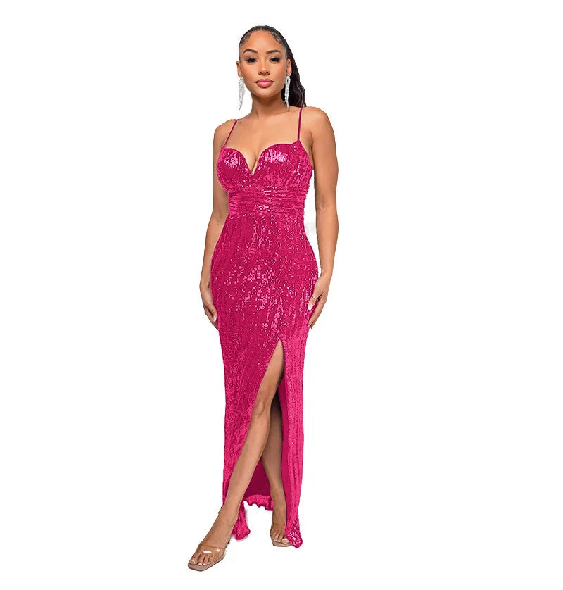 Glitter Sequin Spaghetti Strap Party Maxi Dress for Women
