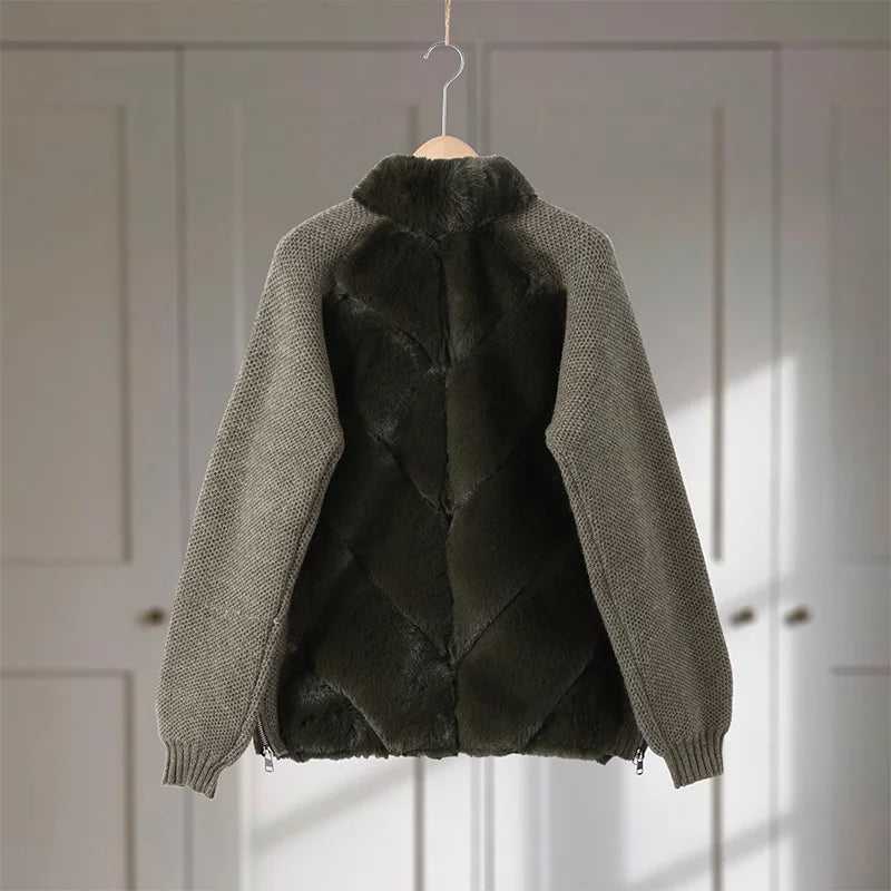 Faux Fur Patchwork Knit Coat With High Collar for Women