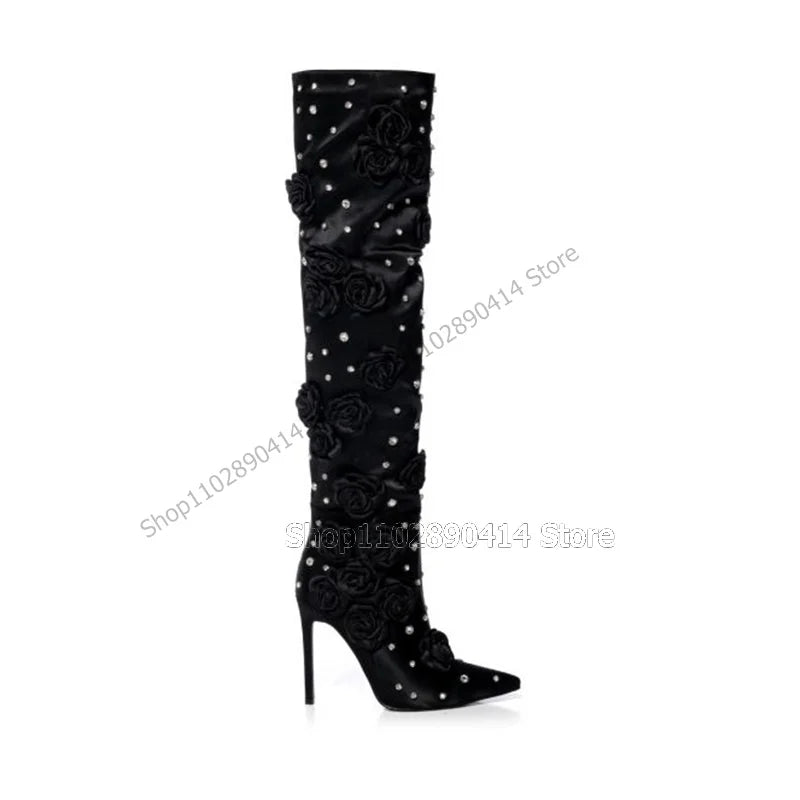 Black Silk Floral Applique Crystal Pointed Toe Thigh High Boots For Women