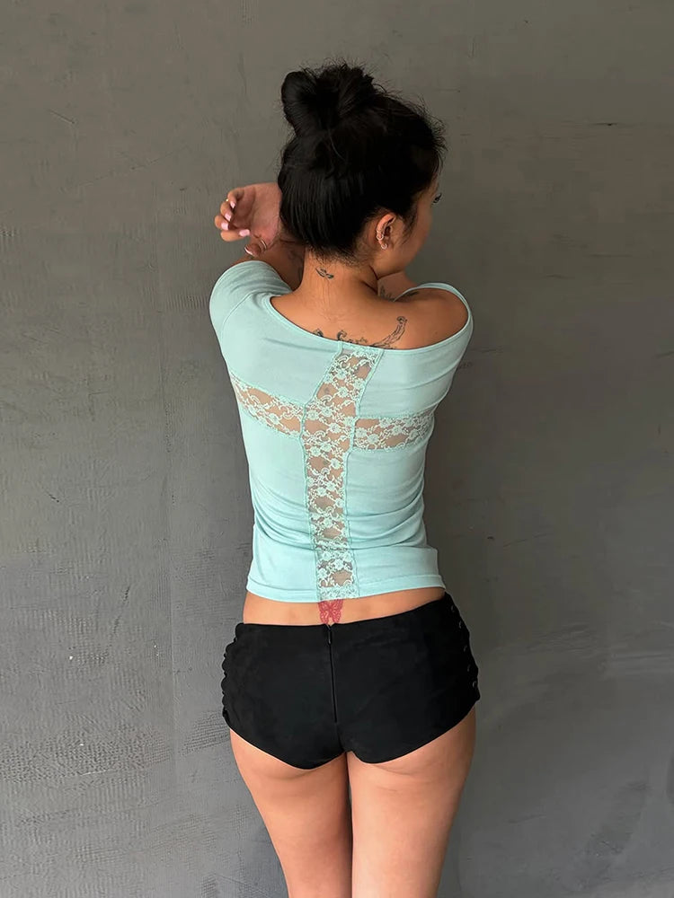 Nibber Leisure Comfortable Patchwork Lace t-Shirt Women Skew Collar Letter Print Skinny High Elasticity High Street Clubwear
