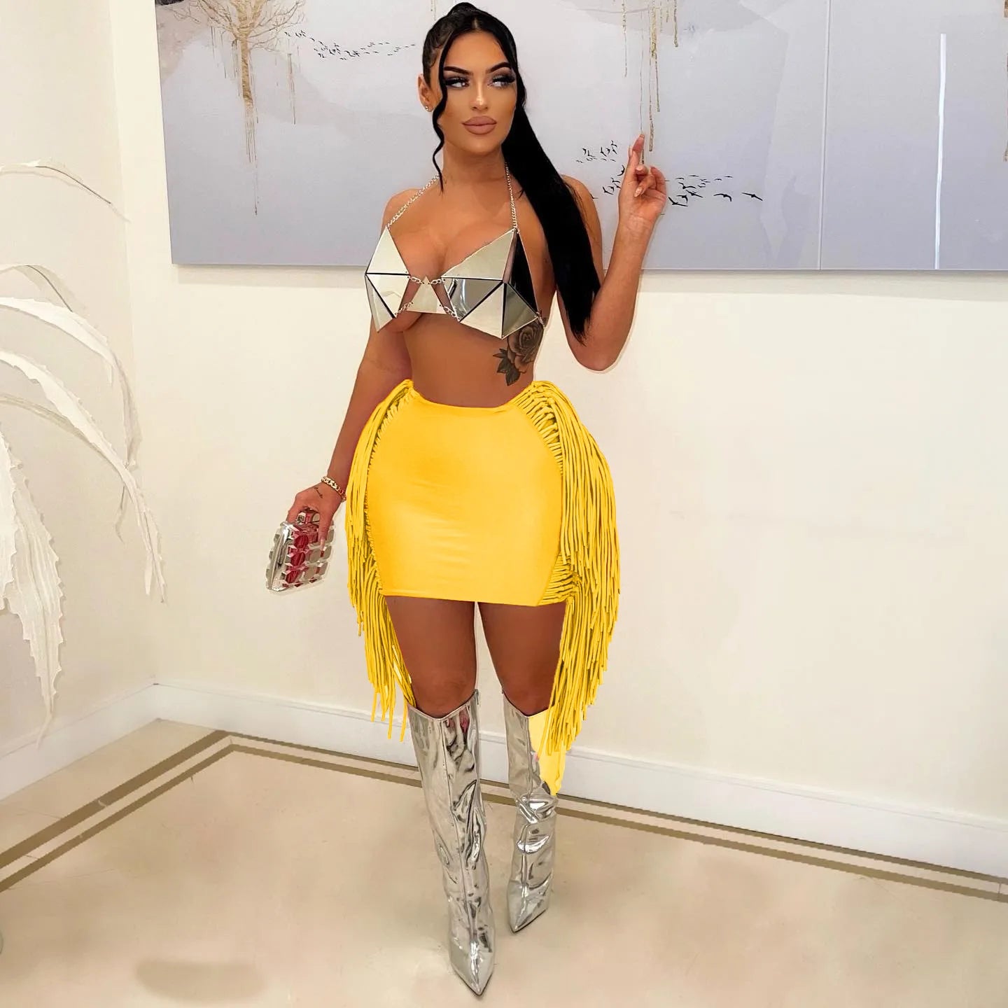 FAGADOER Sexy Tassel Bodycon Mini Skirts Party Club Outfits Women Fashion Chic Streetwear Short Birthday Holidays Skirt Solid