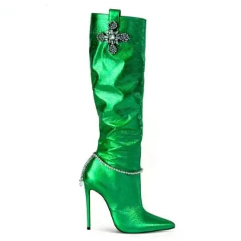 Bright Shining Women Deign Pointed Toe High Heel Knee Boots Crystal Beading High Heel Women Pointy Knee High Boots Plus Size