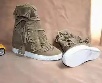 Girls Beige Black Gray Pink Suede Genuine Leather Round Toe Tassel Fringed 8 CM Height Increasing Wedges Sneakers Ankle Boots