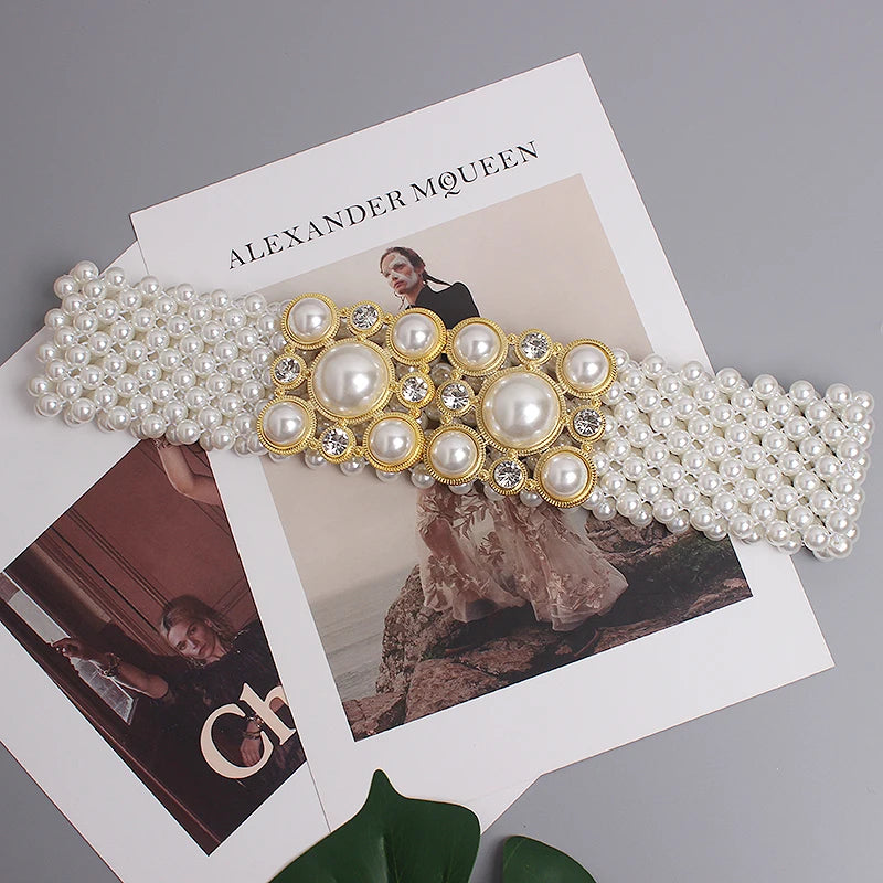 Pearl Embellished Elastic Waist Chain Belt for Women