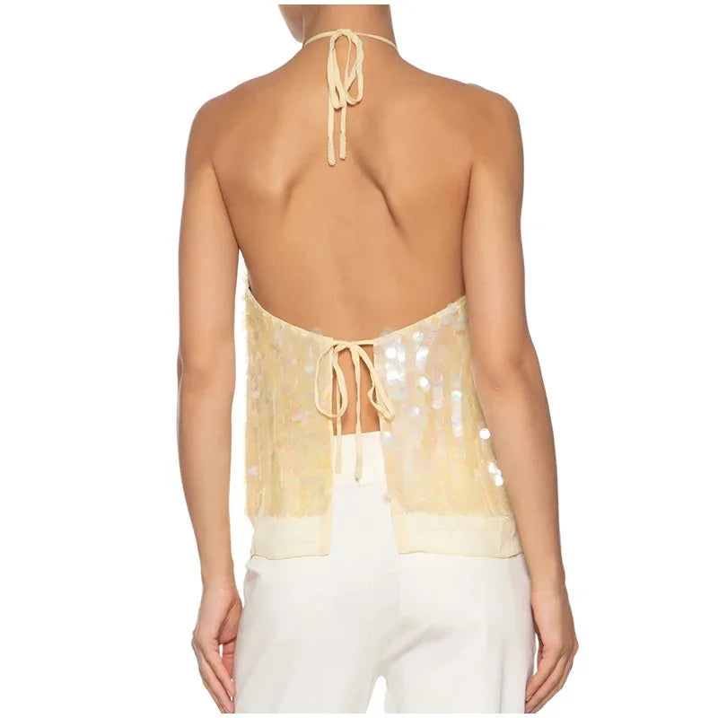 Elegant Sequined Mesh Backless Halter Top for Women
