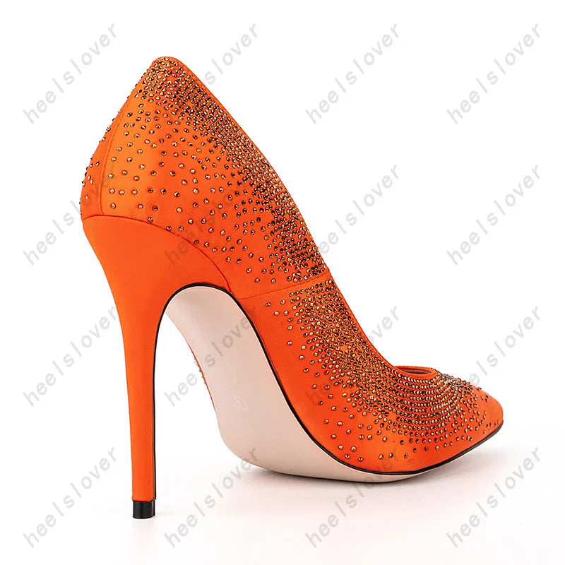 Elegant Orange Rhinestone Pointed Toe Pumps For Women