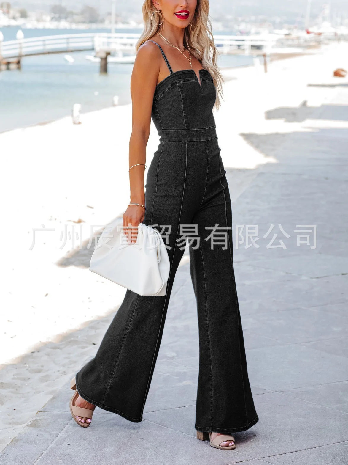 Stretch Denim Halter Jumpsuit with Slim-Fit Silhouette for Women