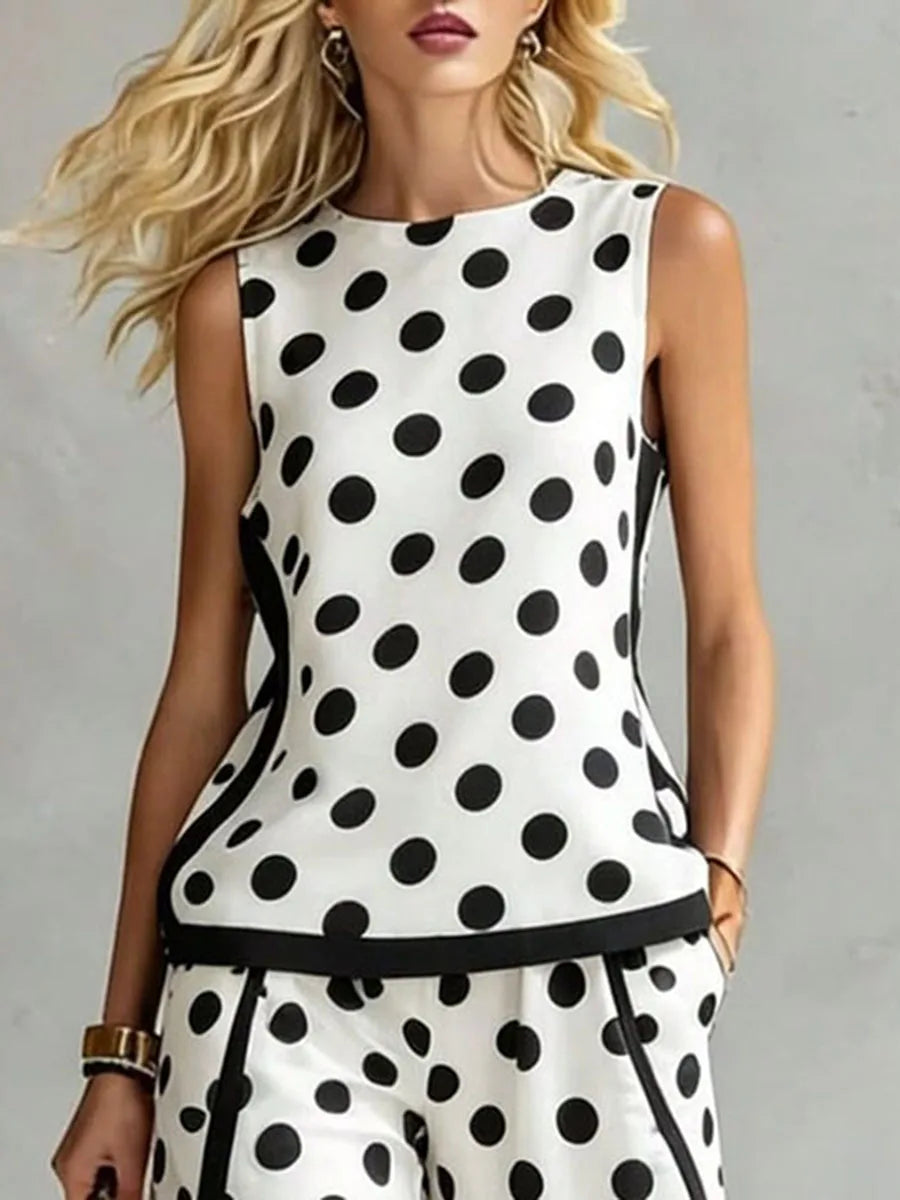 Bonboho Women Black White Polka Dot Sleeveless Tank Top Round Neck Contrast Trim T-shirt Casual Summer Sleeveless Vest Top